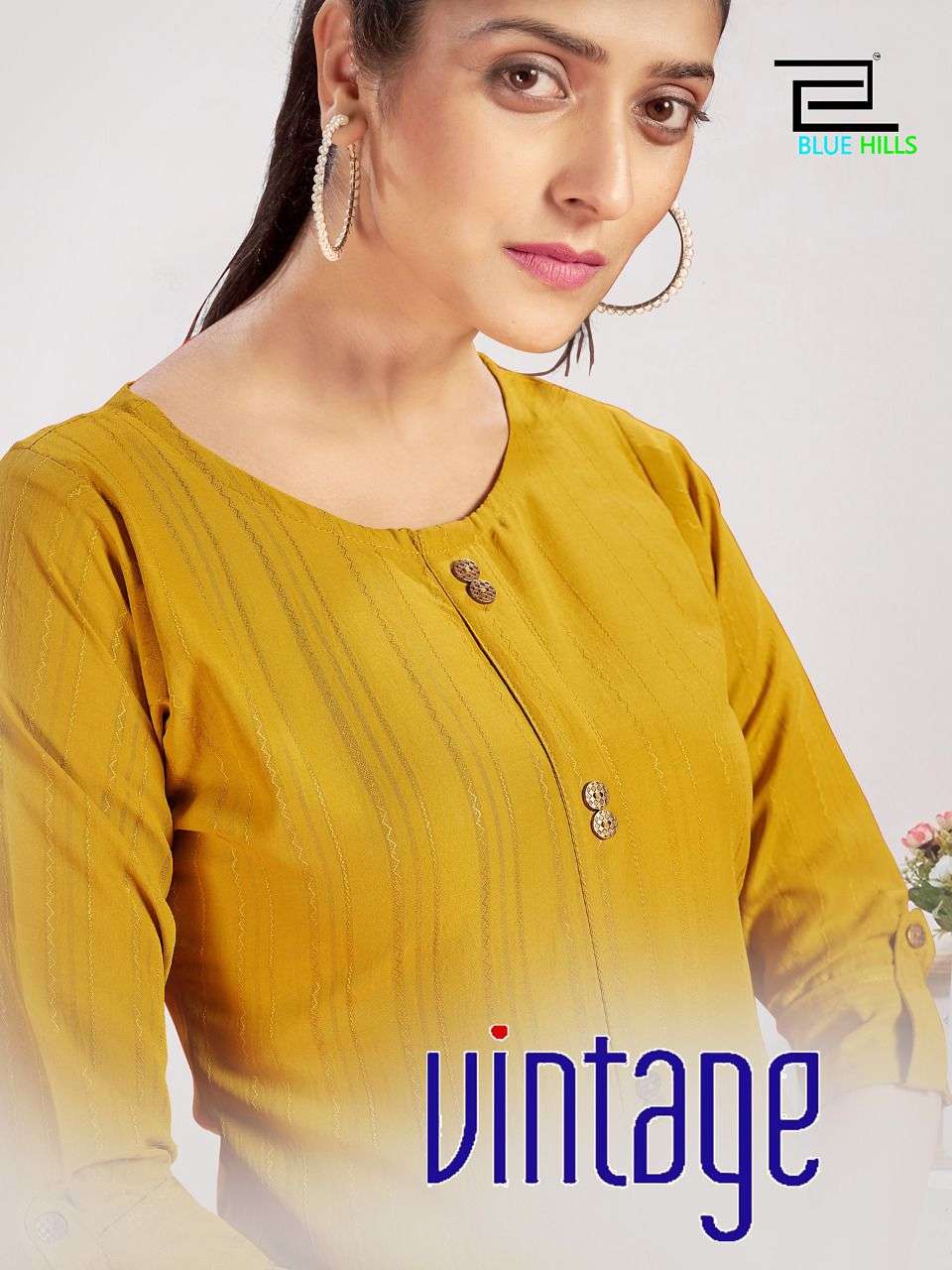 BLUE HILLS - VINTAGE - DOBBY PATTERN FABRIC SIDE CUT KURTI WITH BUTTON - POSTER